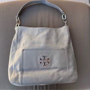 Tory Burch Gray Pebbled Leather Shoulder Bag Large Hobo Tote Silver Logo